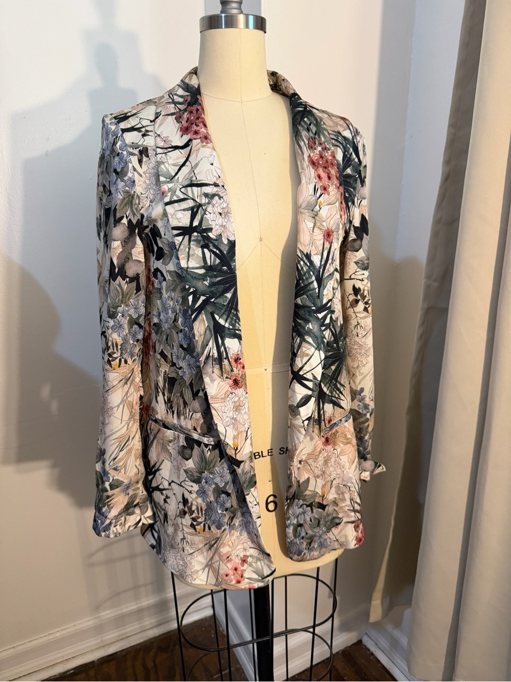 Zara Floral Print Open Blazer Jacket - White/Pink/Green - Size S